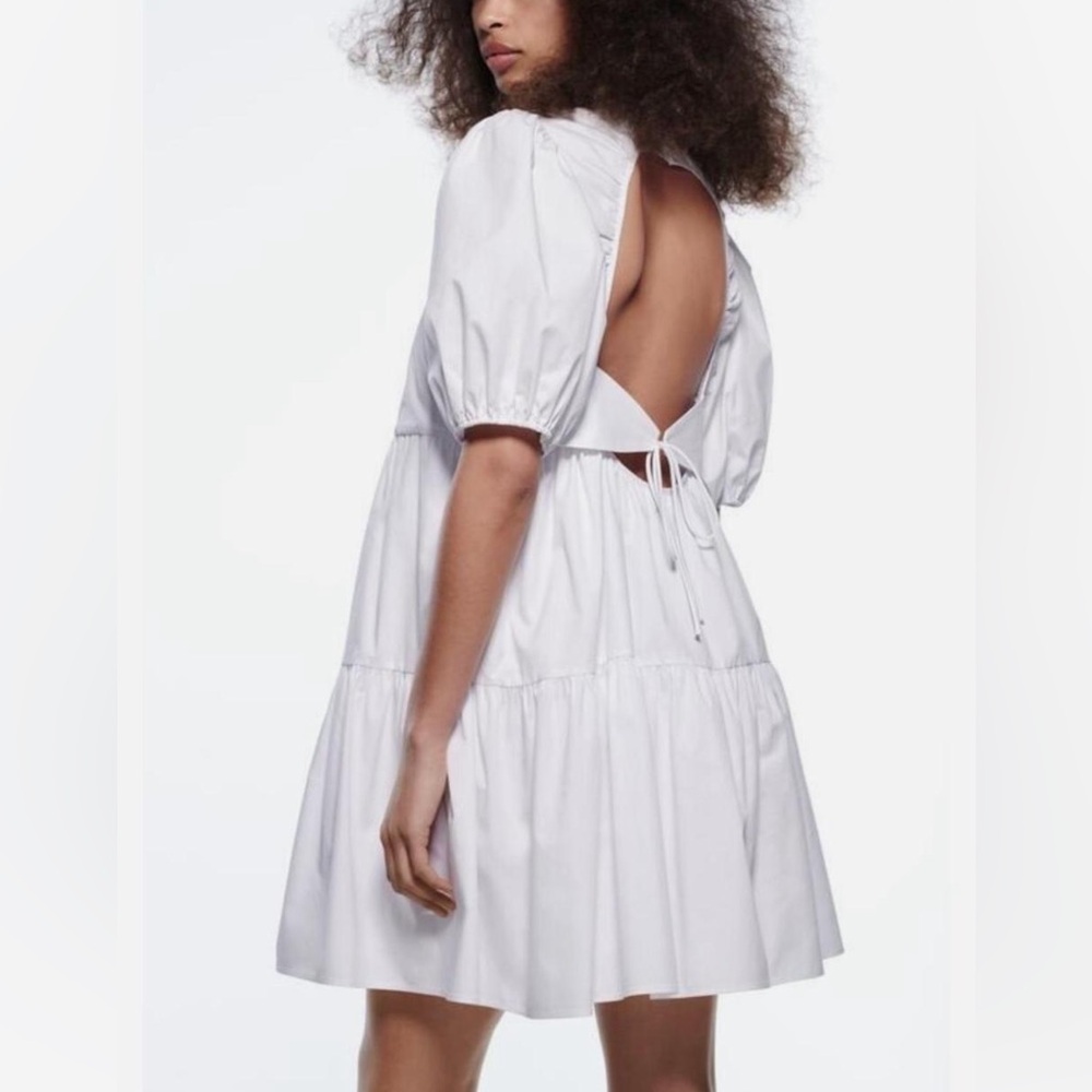 Open-Back Puff Sleeve White Dress